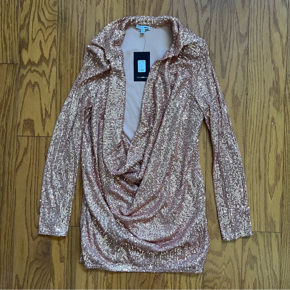 Brand new NWT Fashionova Sequin Drape Neck Mini Dress Large L